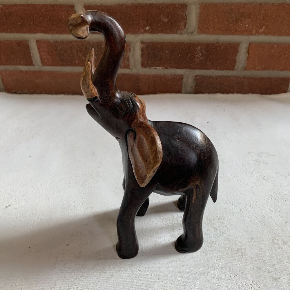 VINTAGE‎ HAND CARVED WOODEN ELEPHANT  - RAISING TRUNK